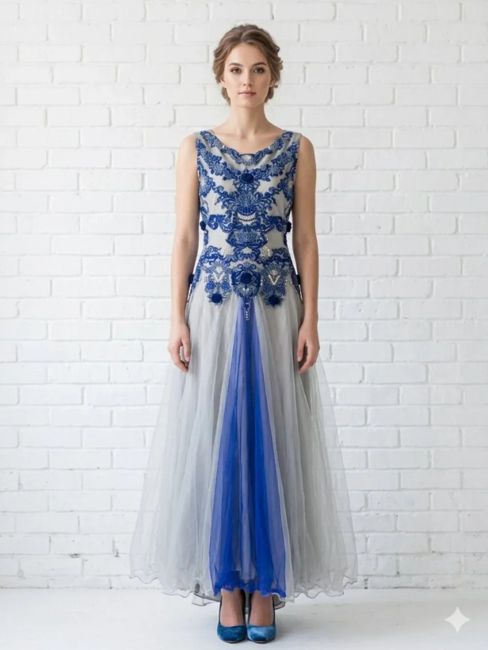 Formal Prom Maxi Dress S/M Embroidered Grey & Blue Indian Style Anarkali Gown - Picture 2 of 15